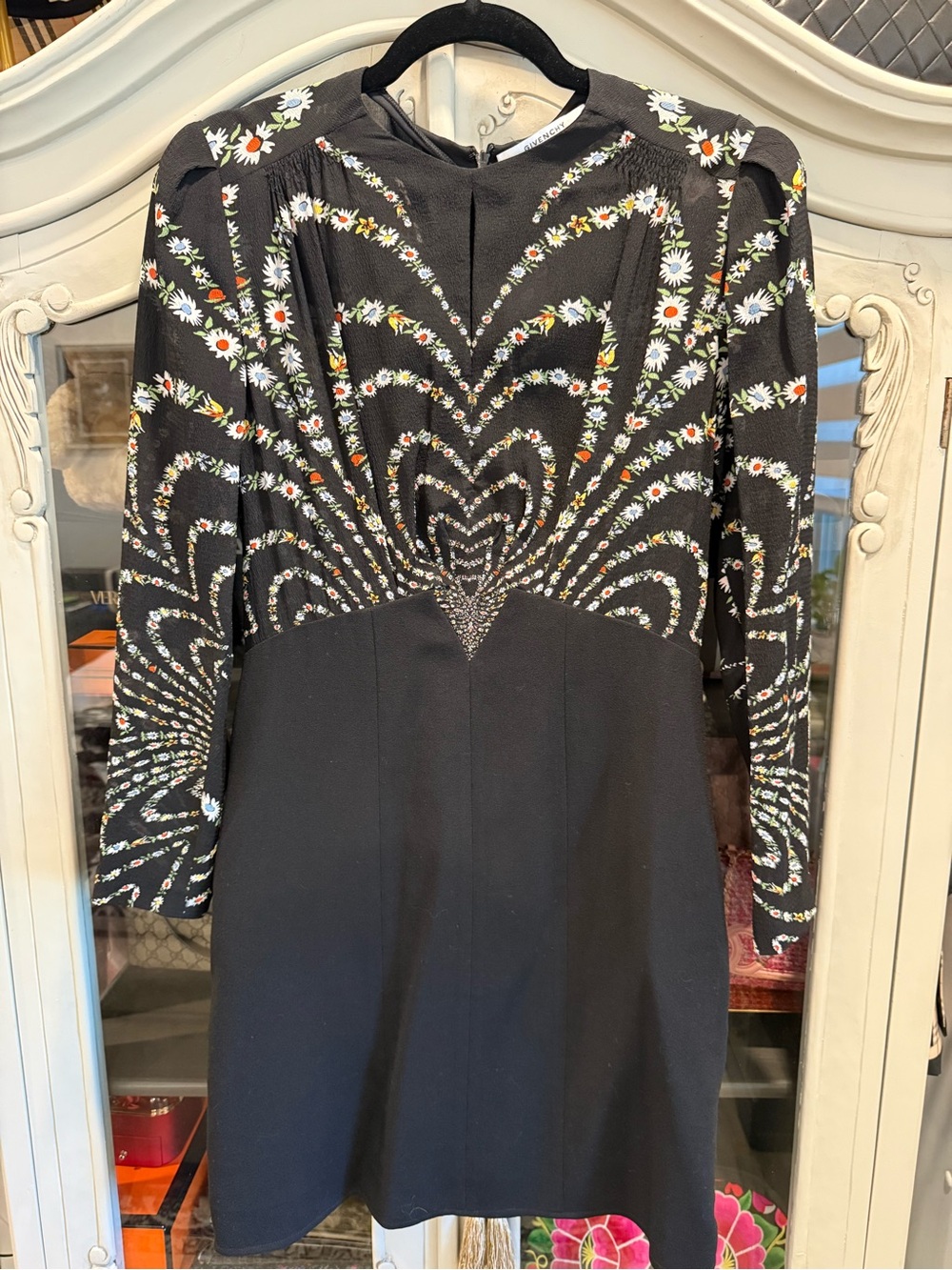 Givenchy Black Long Sleeve Dress with White & Orange Floral Motif